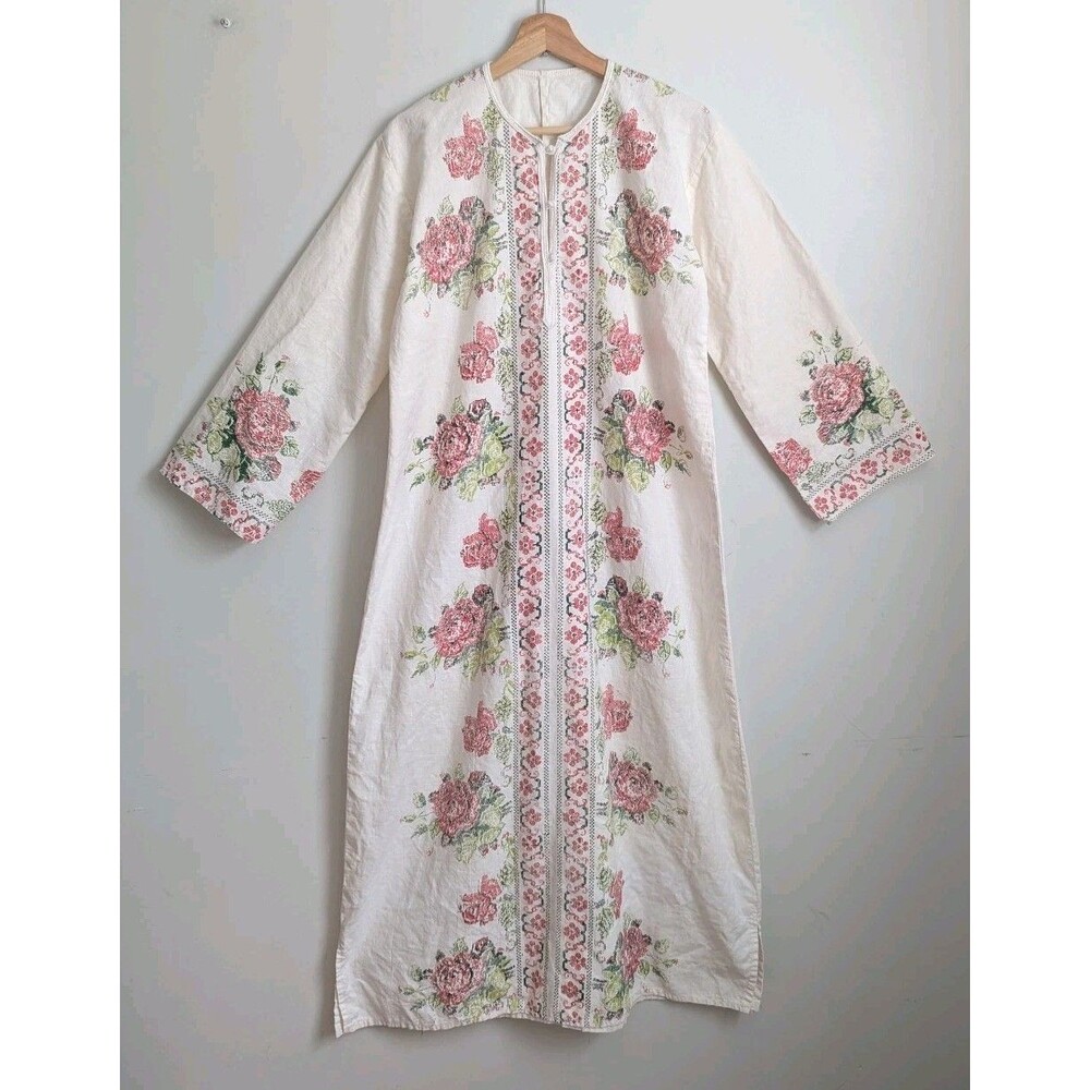 Vtg 70s Moroccan Kaftan Cotton Linen Boho Maxi Shirt Dress Printed Floral S M